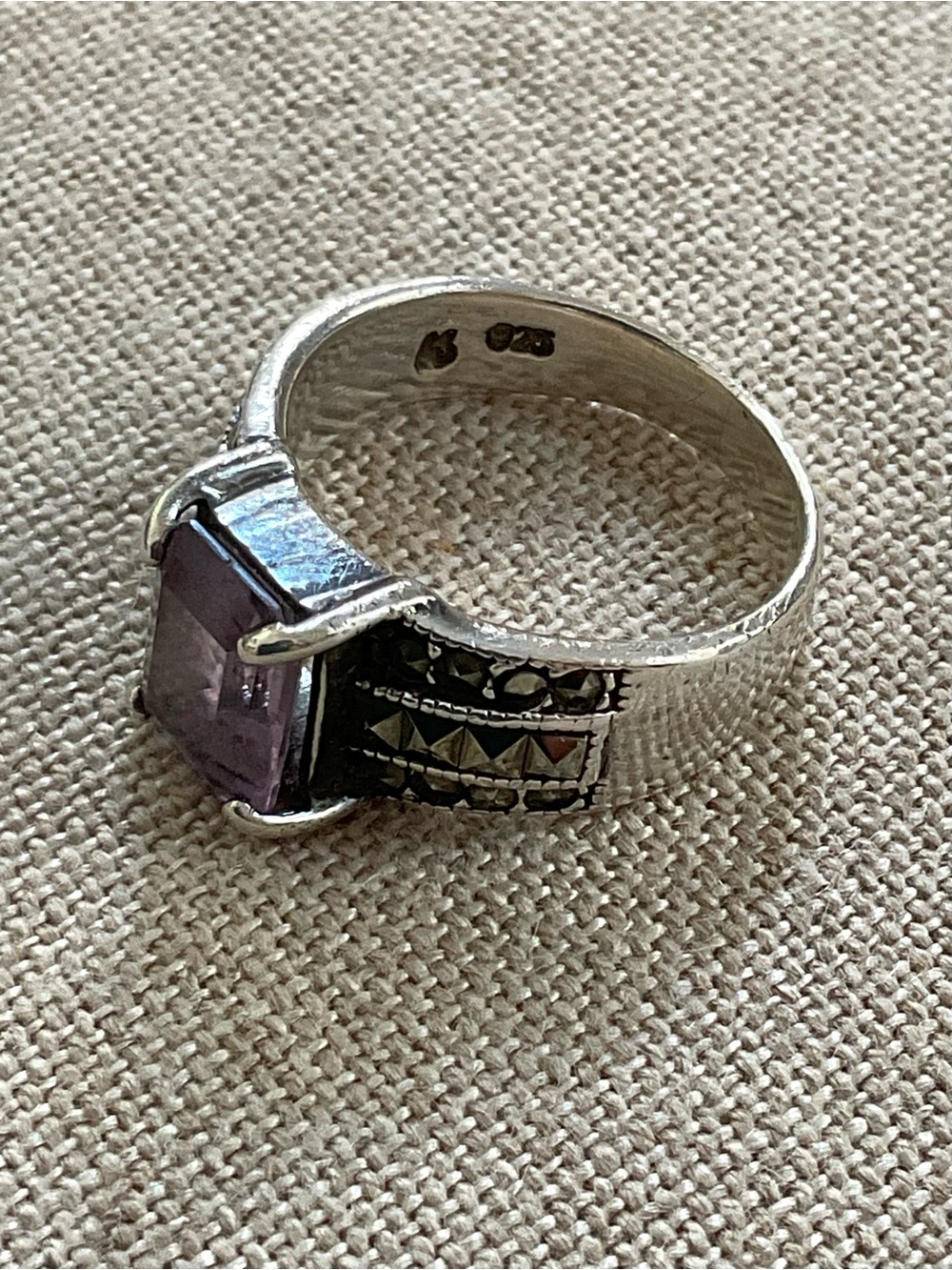 Vintage 925 Sterling Silver Amethyst Marcasite Ring Size 6 Art Deco Style - Picture 8 of 14